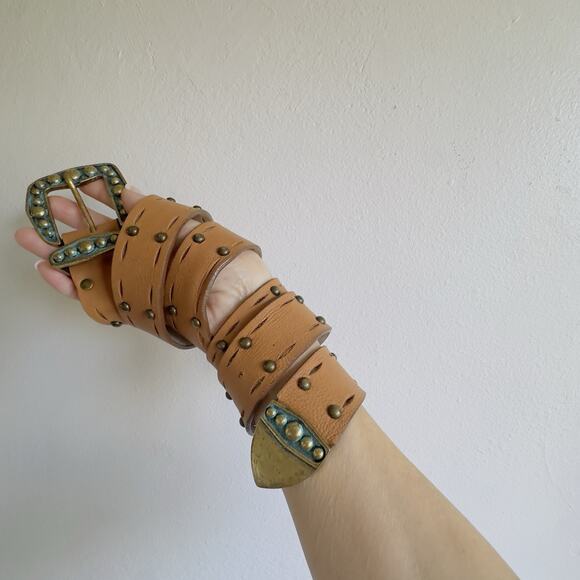 Leatherock USA Studded Leather Belt – Tan & Turquoise Western Cowgirl Statement - Picture 5 of 13